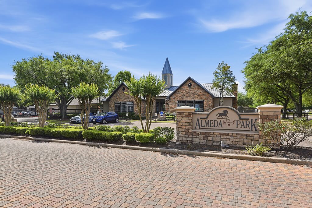 Property entry monument at Almeda Park Apartments in Houston TX